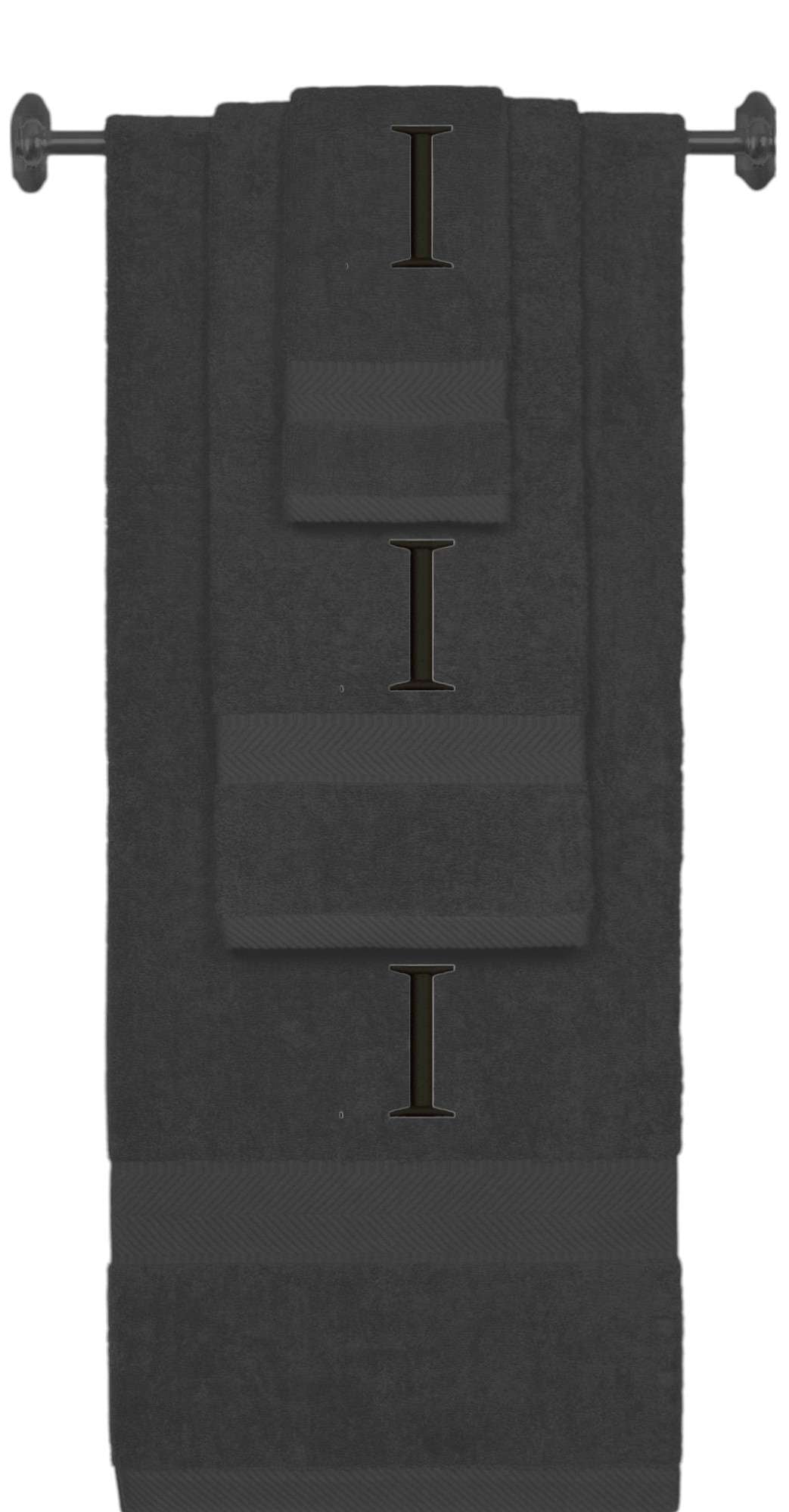 Charcoal monogrammed towel set with Black thread, Times New Roman font, initial I - 540 GSM cotton 3-piece