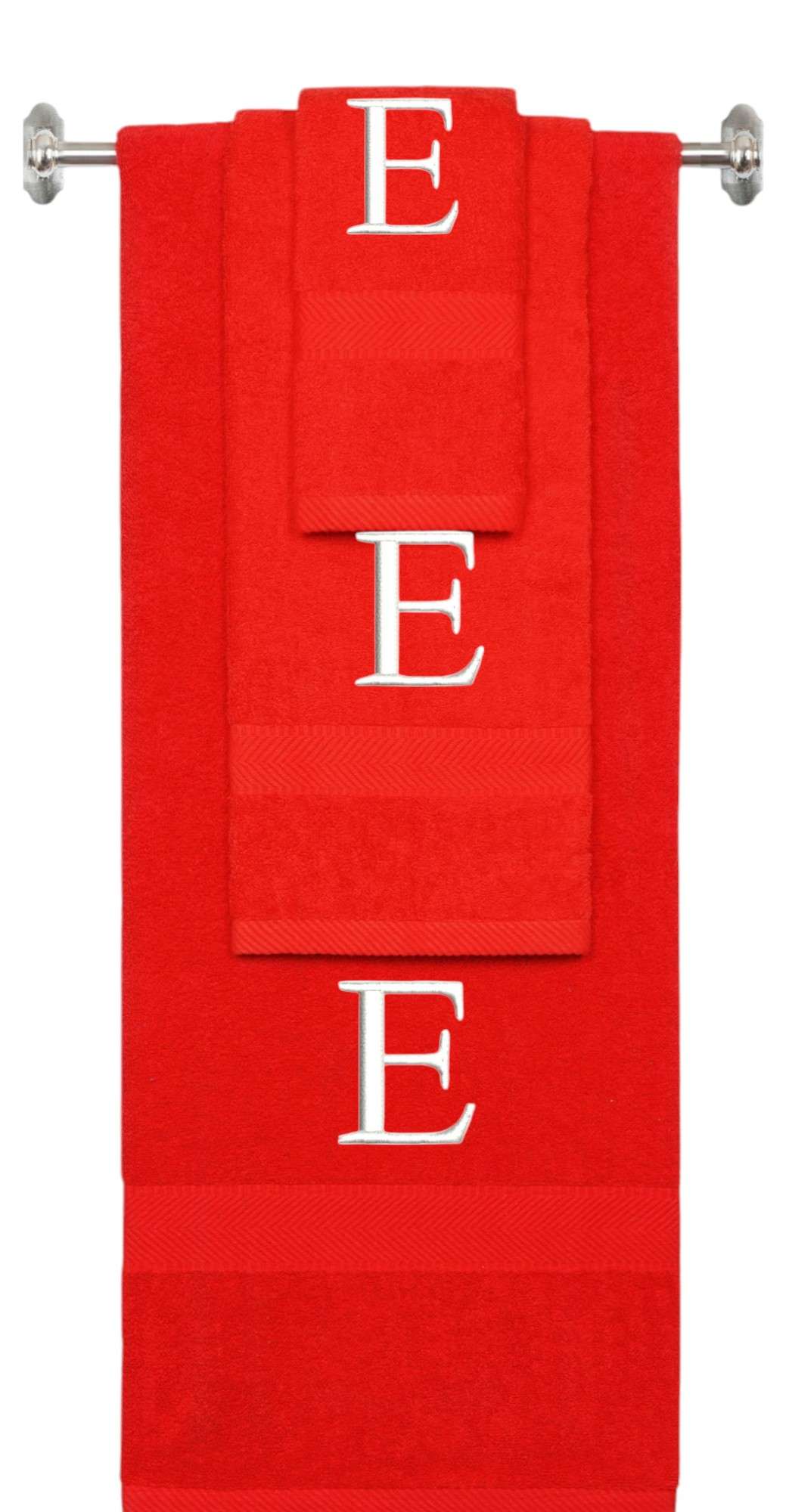 Red monogrammed towel set with White thread, Times New Roman font, initial E - 540 GSM cotton 3-piece