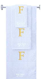 White monogrammed towel set with Gold thread, Times New Roman font, initial F - 540 GSM cotton 3-piece