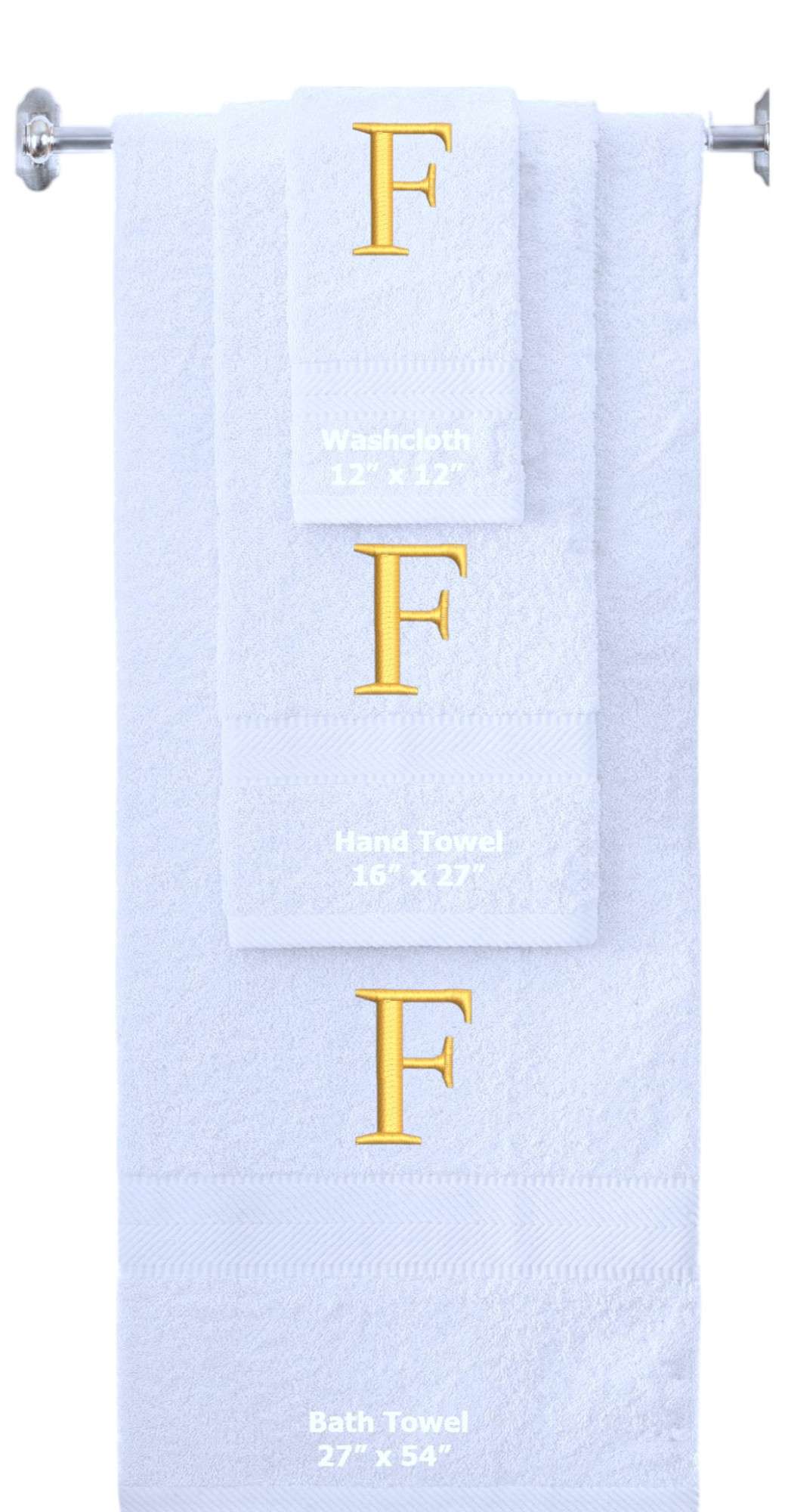 White monogrammed towel set with Gold thread, Times New Roman font, initial F - 540 GSM cotton 3-piece