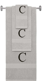 Silver monogrammed towel set with Black thread, Times New Roman font, initial C - 540 GSM cotton 3-piece
