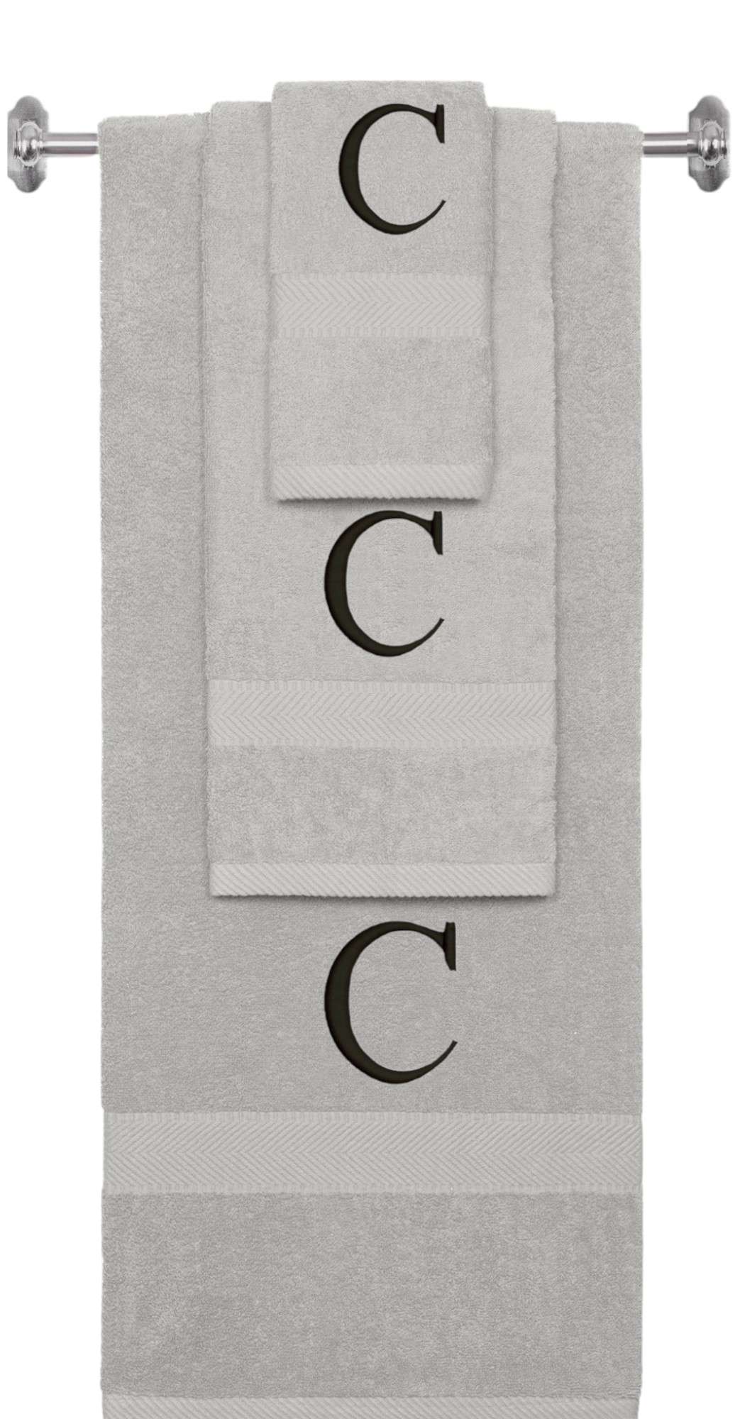 Silver monogrammed towel set with Black thread, Times New Roman font, initial C - 540 GSM cotton 3-piece