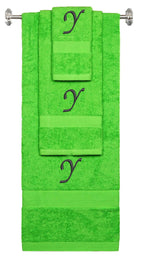 Lime monogrammed towel set with Black thread, Chancery font, initial Y - 540 GSM cotton 3-piece