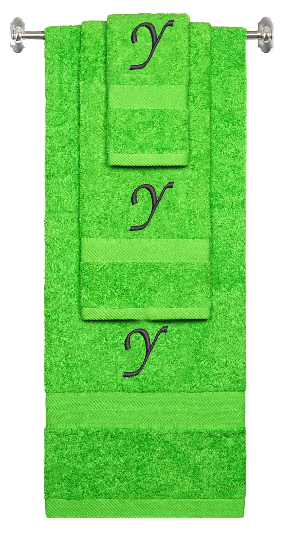Lime monogrammed towel set with Black thread, Chancery font, initial Y - 540 GSM cotton 3-piece