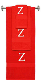 Red monogrammed towel set with White thread, Times New Roman font, initial Z - 540 GSM cotton 3-piece
