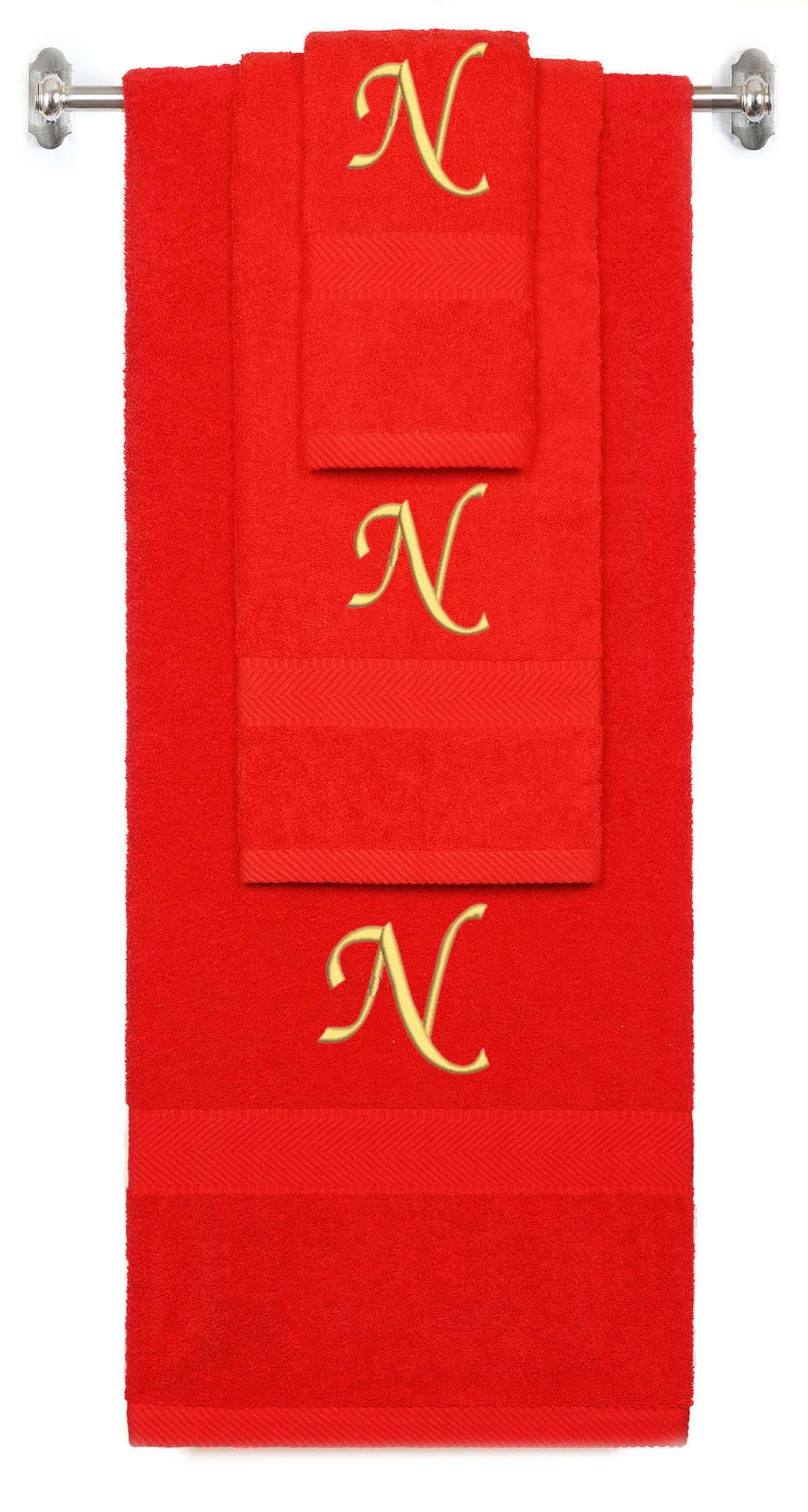 Red monogrammed towel set with Gold thread, Chancery font, initial N - 540 GSM cotton 3-piece