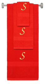 Red monogrammed towel set with Gold thread, Chancery font, initial S - 540 GSM cotton 3-piece