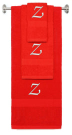 Red monogrammed towel set with Silver thread, Chancery font, initial Z - 540 GSM cotton 3-piece