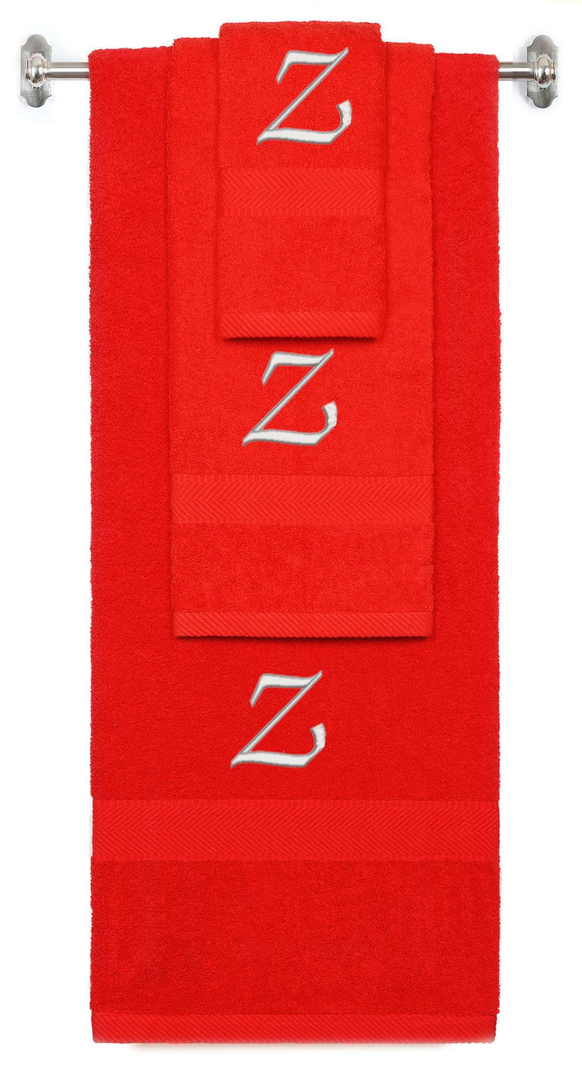 Red monogrammed towel set with Silver thread, Chancery font, initial Z - 540 GSM cotton 3-piece