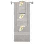 Silver monogrammed towel set with Gold thread, Diana Script font, initial T - 540 GSM cotton 3-piece
