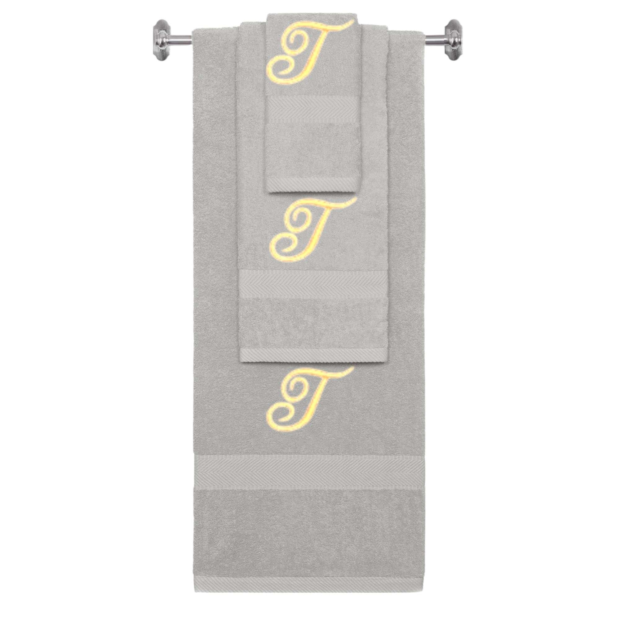 Silver monogrammed towel set with Gold thread, Diana Script font, initial T - 540 GSM cotton 3-piece