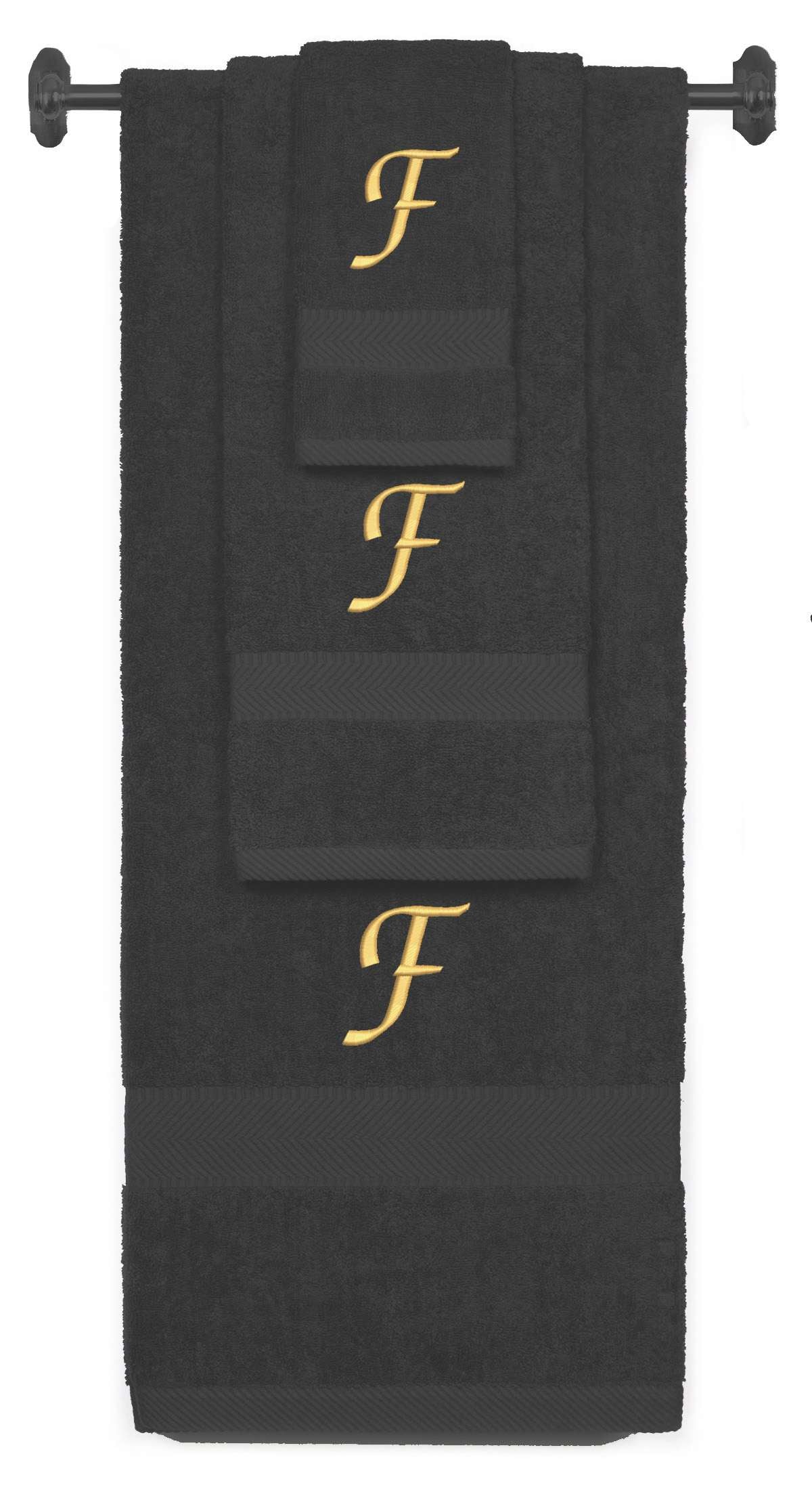 Charcoal monogrammed towel set with Gold thread, Chancery font, initial F - 540 GSM cotton 3-piece