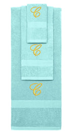 Nautical Teal monogrammed towel set with Gold thread, Diana Script font, initial C - 540 GSM cotton 3-piece