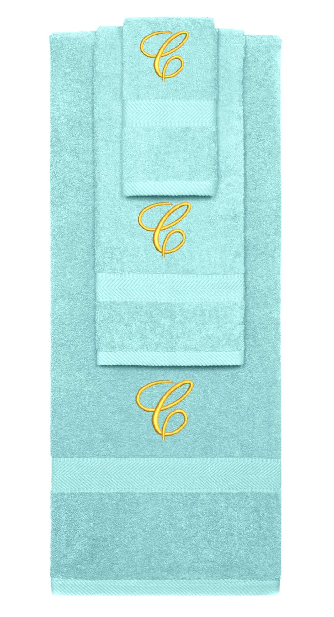Nautical Teal monogrammed towel set with Gold thread, Diana Script font, initial C - 540 GSM cotton 3-piece
