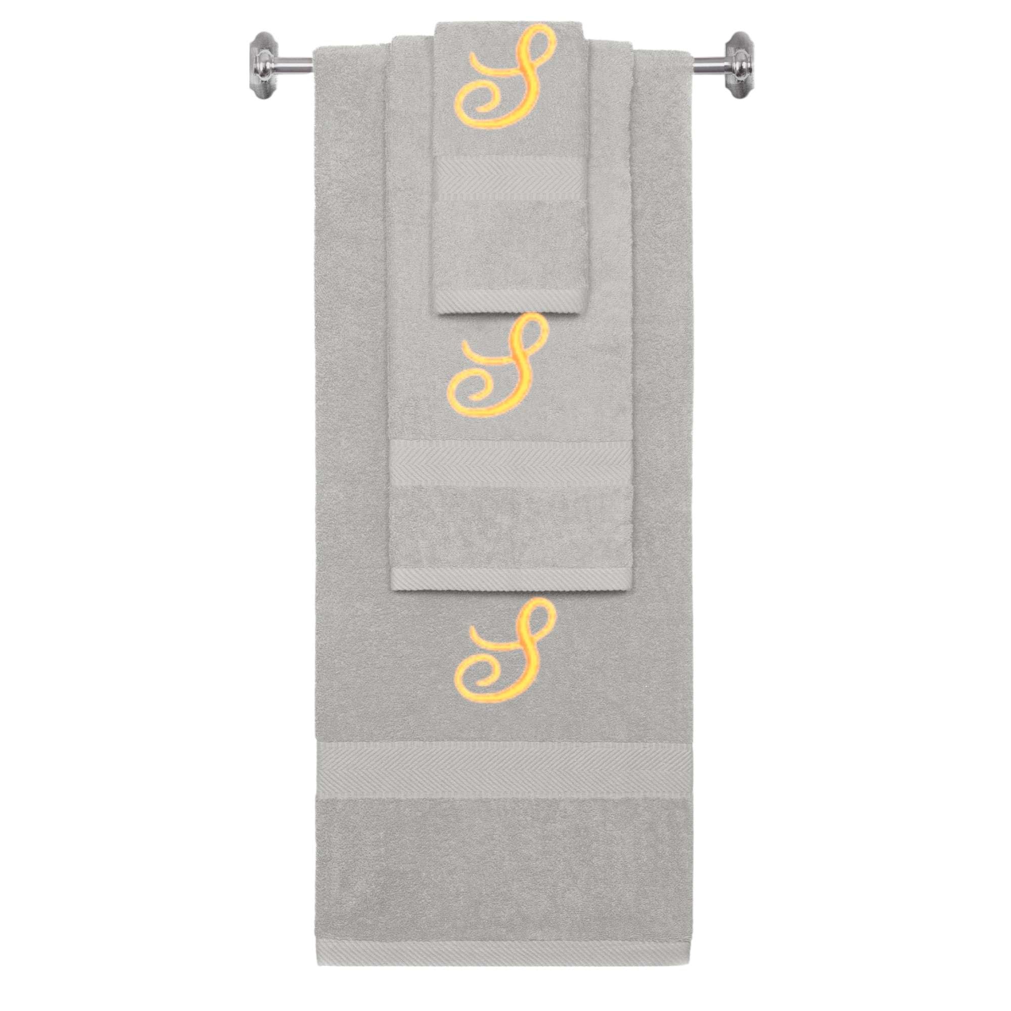 Silver monogrammed towel set with Gold thread, Diana Script font, initial S - 540 GSM cotton 3-piece