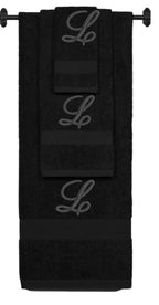 Black monogrammed towel set with Black thread, Diana Script font, initial L - 540 GSM cotton 3-piece