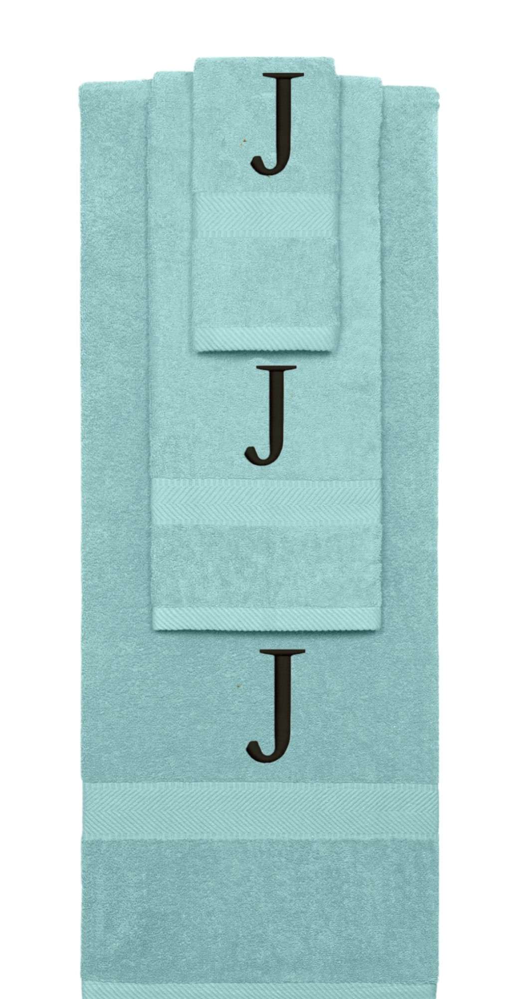 Nautical Teal monogrammed towel set with Black thread, Times New Roman font, initial I - 540 GSM cotton 3-piece