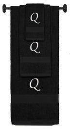 Black monogrammed towel set with Silver thread, Chancery font, initial Q - 540 GSM cotton 3-piece