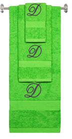 Lime monogrammed towel set with Black thread, Diana Script font, initial D - 540 GSM cotton 3-piece