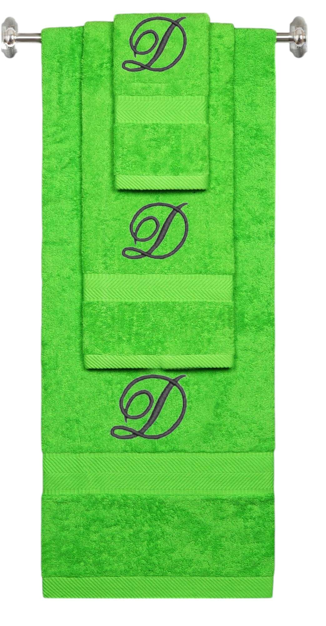 Lime monogrammed towel set with Black thread, Diana Script font, initial D - 540 GSM cotton 3-piece