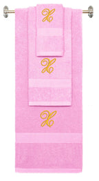 Pink monogrammed towel set with Gold thread, Diana Script font, initial X - 540 GSM cotton 3-piece
