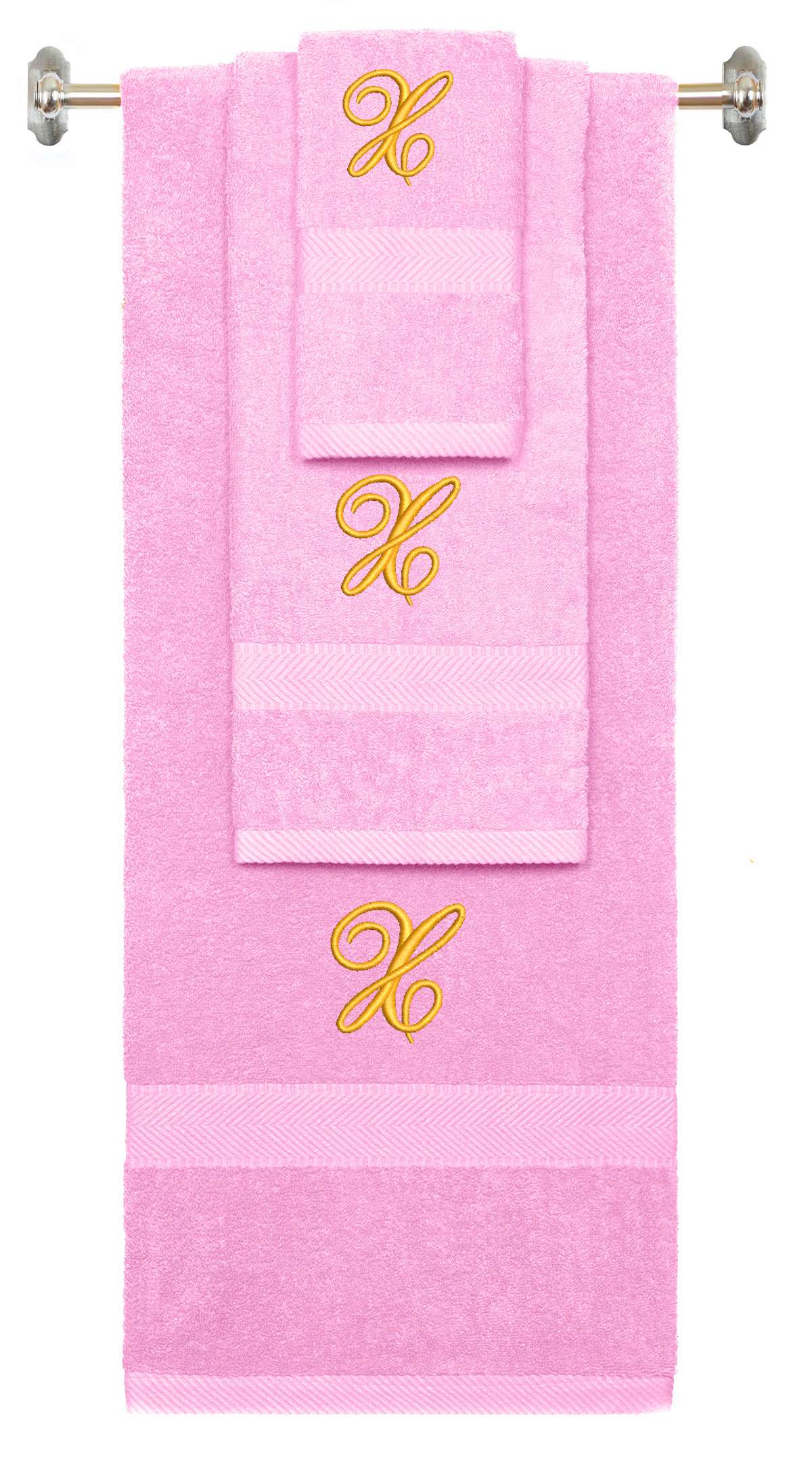 Pink monogrammed towel set with Gold thread, Diana Script font, initial X - 540 GSM cotton 3-piece
