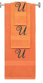 Orange monogrammed towel set with Black thread, Diana Script font, initial U - 540 GSM cotton 3-piece