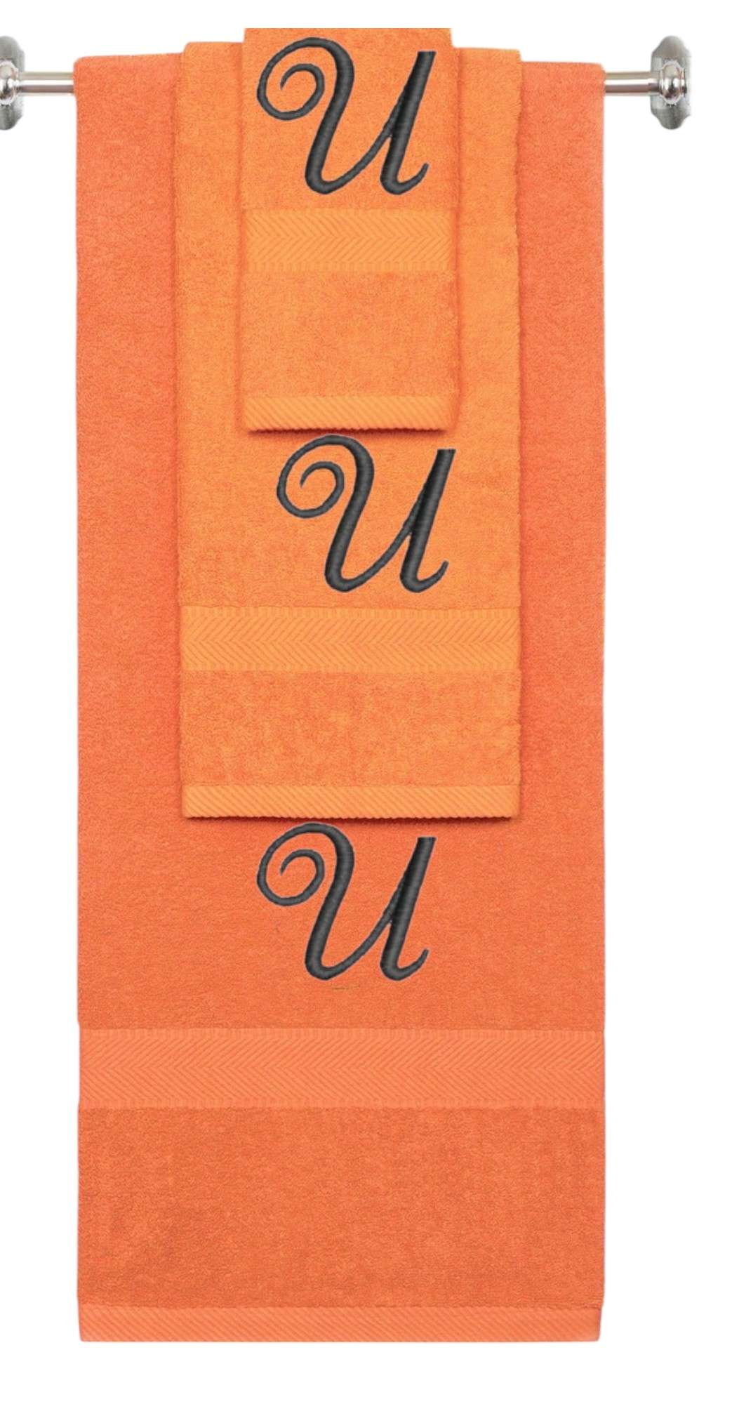 Orange monogrammed towel set with Black thread, Diana Script font, initial U - 540 GSM cotton 3-piece