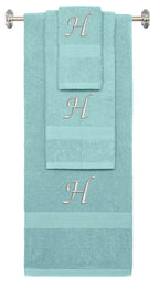 Nautical Teal monogrammed towel set with Silver thread, Chancery font, initial H - 540 GSM cotton 3-piece