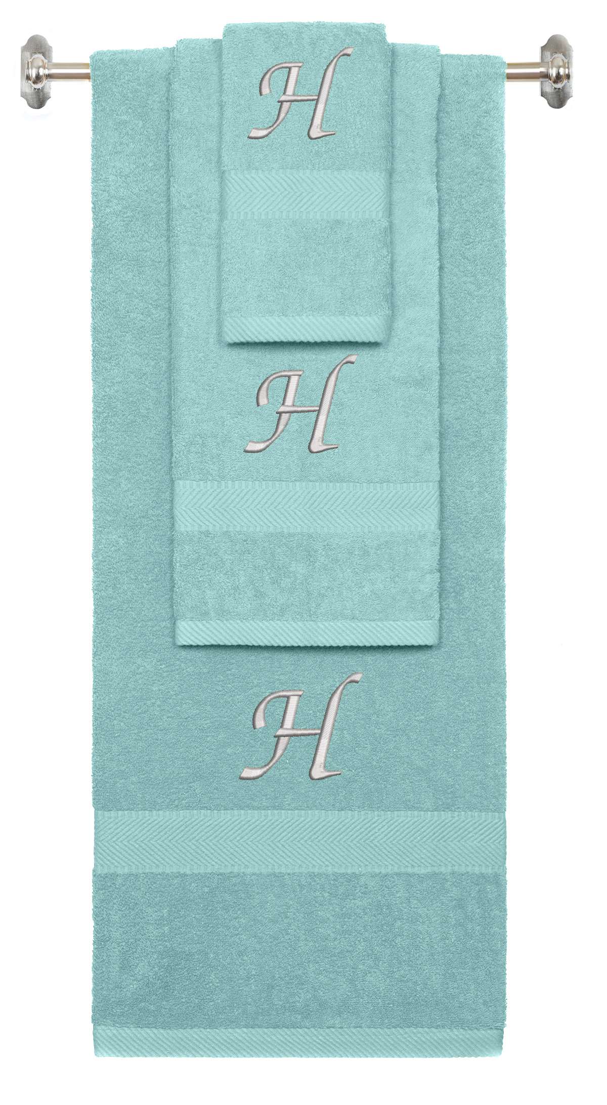 Nautical Teal monogrammed towel set with Silver thread, Chancery font, initial H - 540 GSM cotton 3-piece