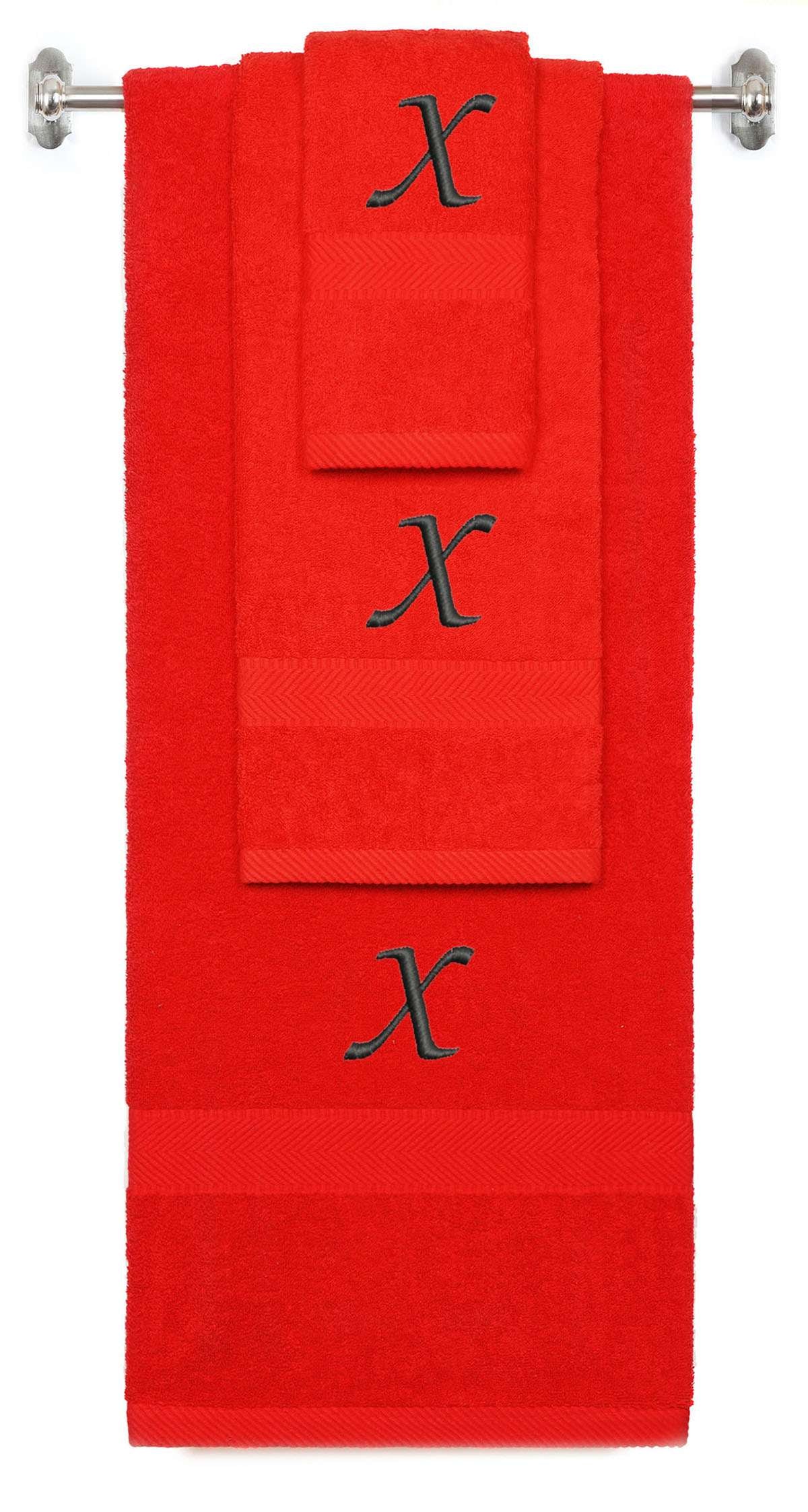 Red monogrammed towel set with Black thread, Chancery font, initial X - 540 GSM cotton 3-piece