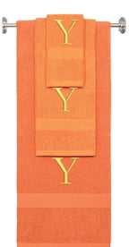 Orange monogrammed towel set with Gold thread, Times New Roman font, initial Y - 540 GSM cotton 3-piece