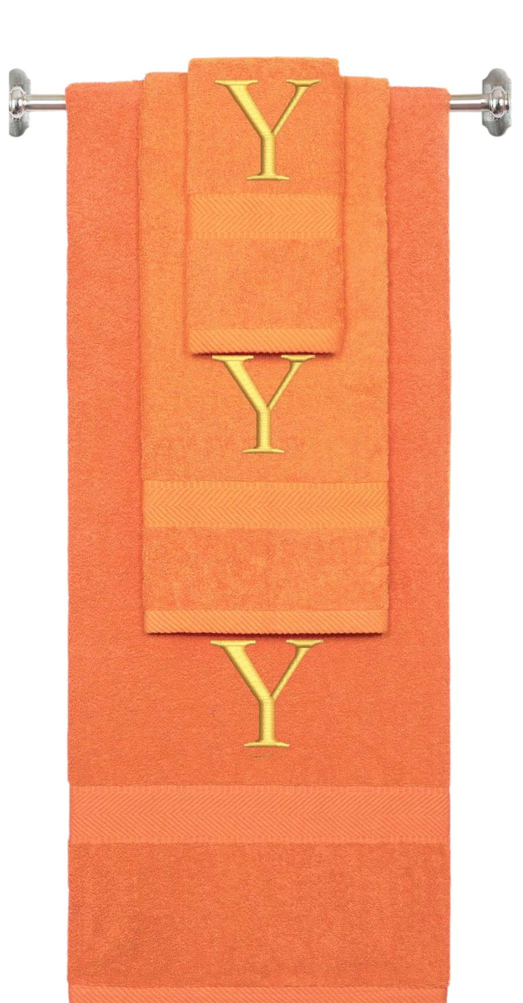 Orange monogrammed towel set with Gold thread, Times New Roman font, initial Y - 540 GSM cotton 3-piece