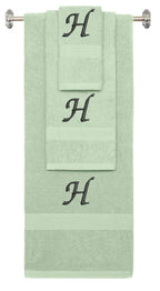 Mint Green monogrammed towel set with Black thread, Chancery font, initial H - 540 GSM cotton 3-piece