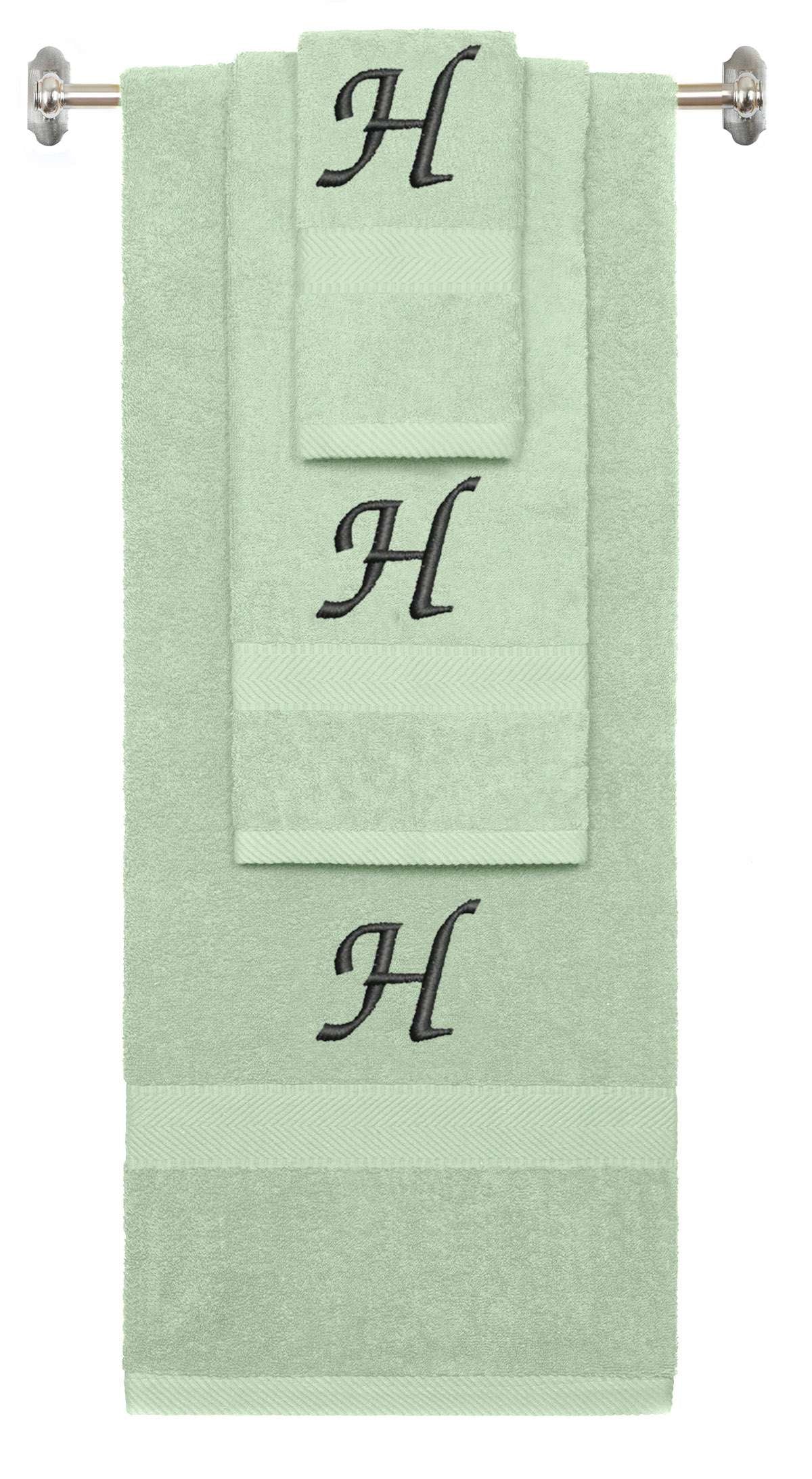 Mint Green monogrammed towel set with Black thread, Chancery font, initial H - 540 GSM cotton 3-piece