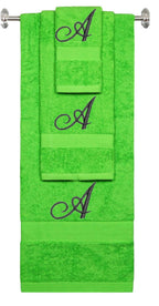 Lime monogrammed towel set with Black thread, Diana Script font, initial A - 540 GSM cotton 3-piece