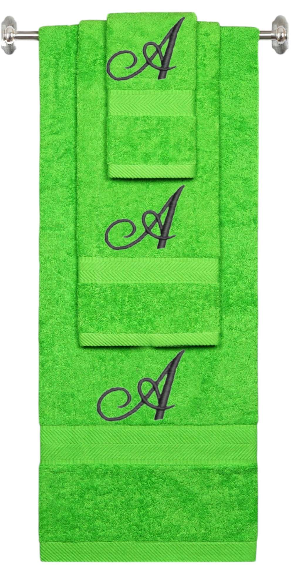Lime monogrammed towel set with Black thread, Diana Script font, initial A - 540 GSM cotton 3-piece