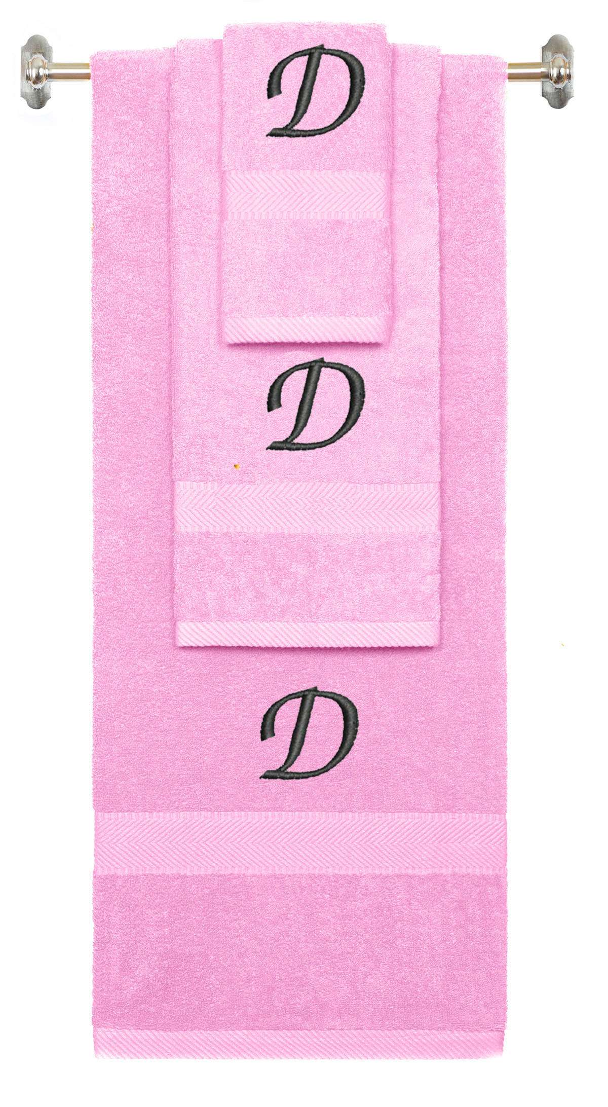 Pink monogrammed towel set with Black thread, Chancery font, initial D - 540 GSM cotton 3-piece