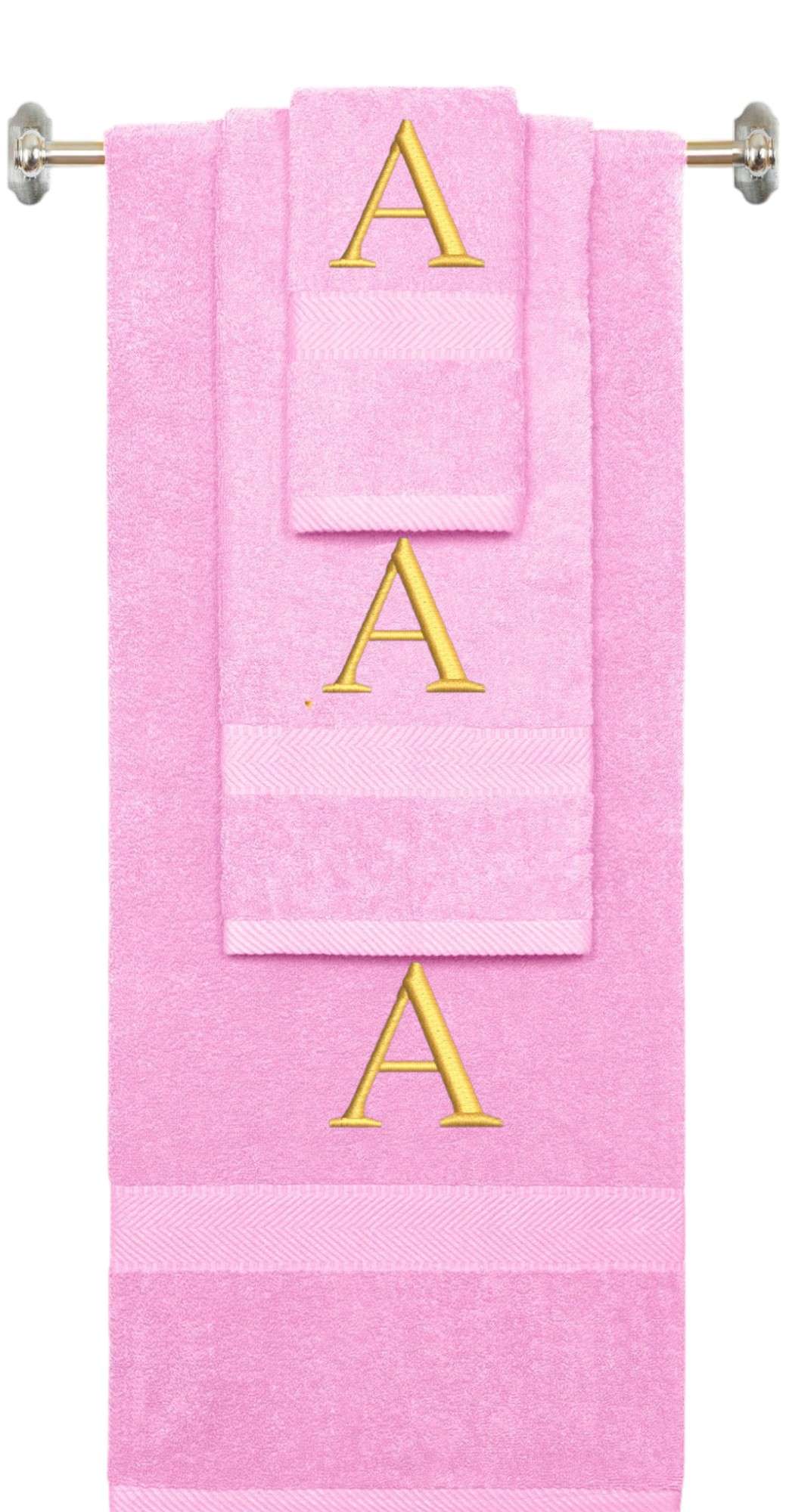 Pink monogrammed towel set with Silver thread, Times New Roman font, initial A - 540 GSM cotton 3-piece