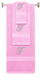 Pink monogrammed towel set with Silver thread, Diana Script font, initial F - 540 GSM cotton 3-piece