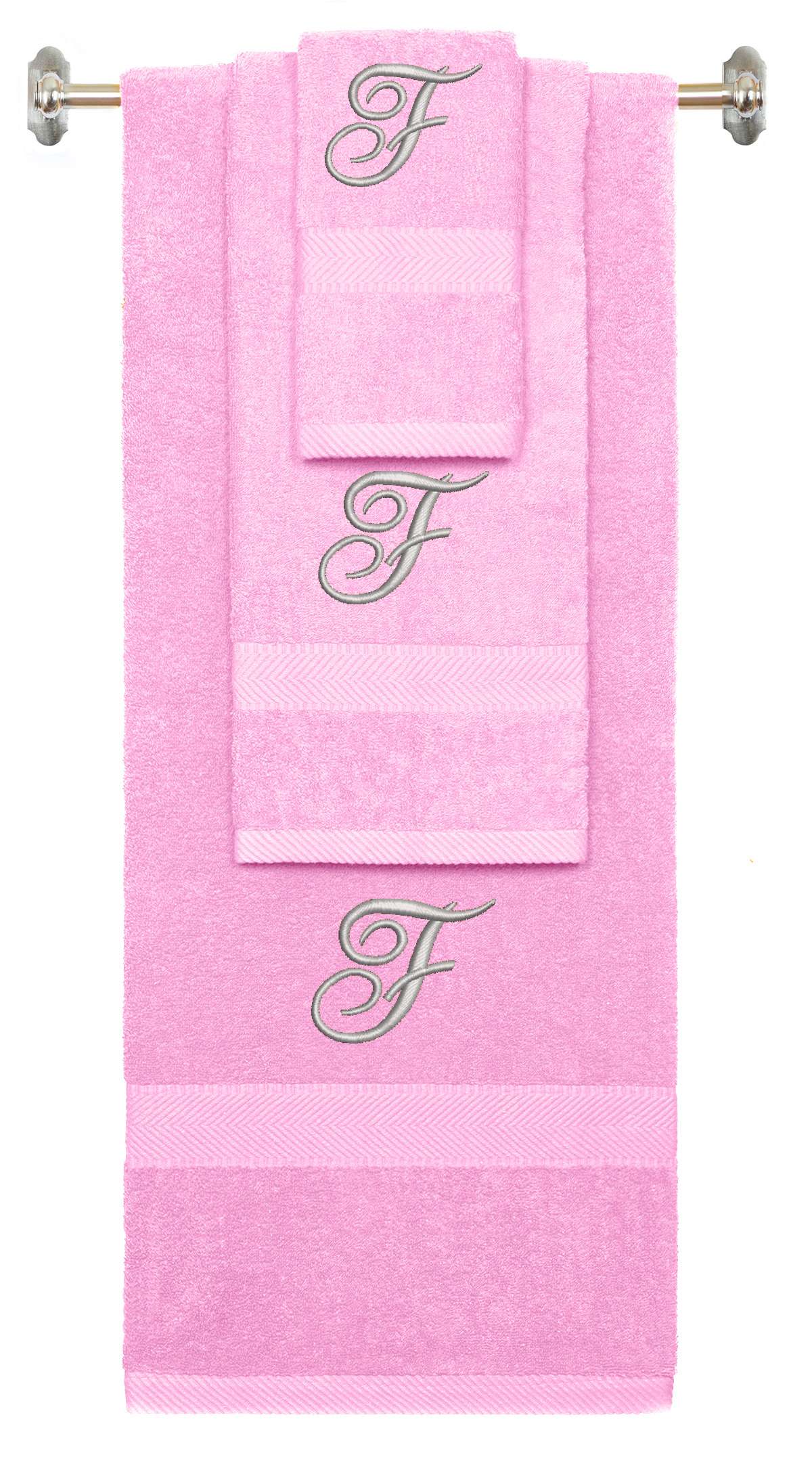 Pink monogrammed towel set with Silver thread, Diana Script font, initial F - 540 GSM cotton 3-piece