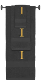 Charcoal monogrammed towel set with Gold thread, Times New Roman font, initial I - 540 GSM cotton 3-piece