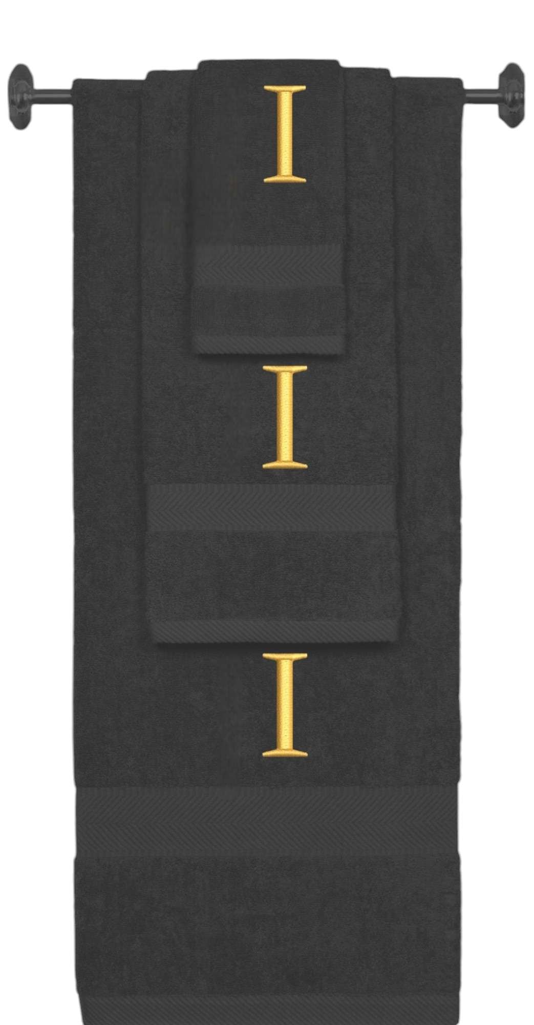 Charcoal monogrammed towel set with Gold thread, Times New Roman font, initial I - 540 GSM cotton 3-piece
