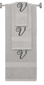 Silver monogrammed towel set with Black thread, Diana Script font, initial V - 540 GSM cotton 3-piece