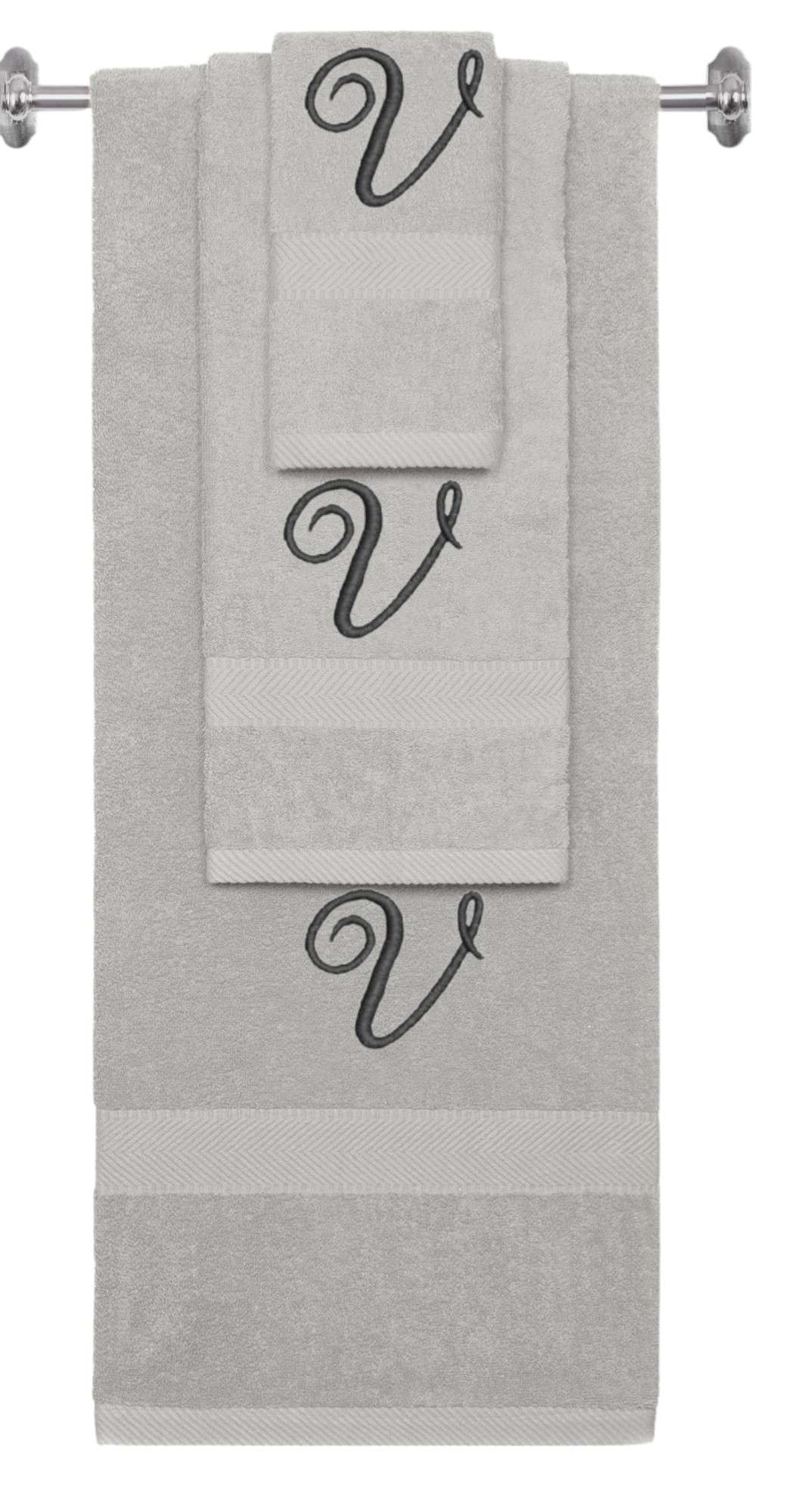 Silver monogrammed towel set with Black thread, Diana Script font, initial V - 540 GSM cotton 3-piece