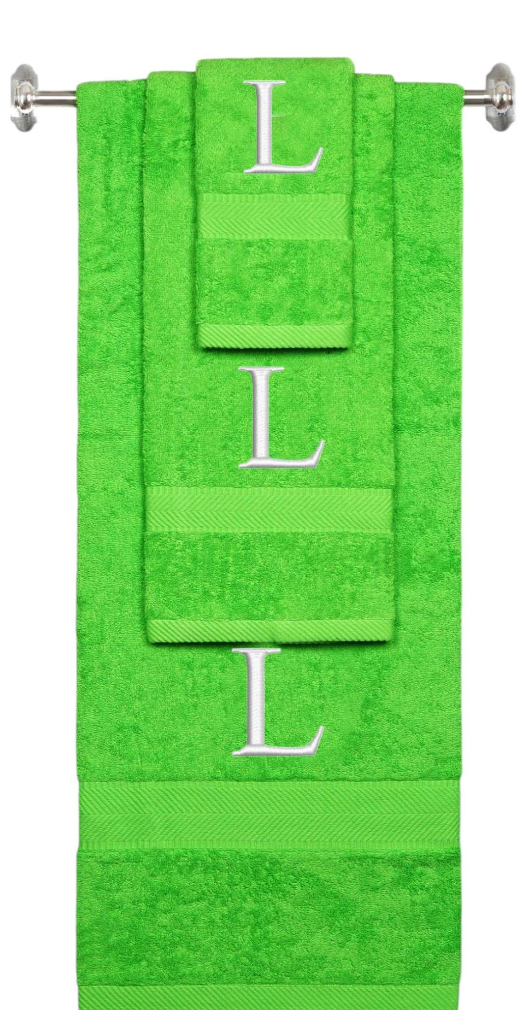 Lime monogrammed towel set with Silver thread, Times New Roman font, initial L - 540 GSM cotton 3-piece