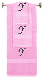 Pink monogrammed towel set with Black thread, Chancery font, initial Y - 540 GSM cotton 3-piece
