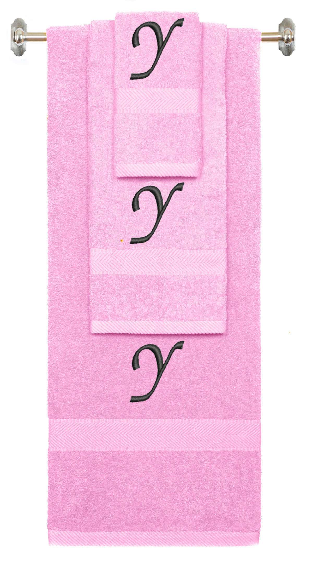 Pink monogrammed towel set with Black thread, Chancery font, initial Y - 540 GSM cotton 3-piece