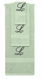 Mint Green monogrammed towel set with Black thread, Diana Script font, initial L - 540 GSM cotton 3-piece
