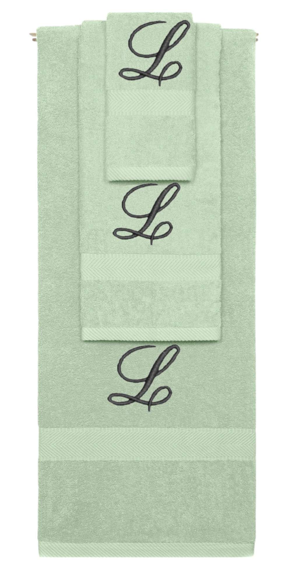 Mint Green monogrammed towel set with Black thread, Diana Script font, initial L - 540 GSM cotton 3-piece